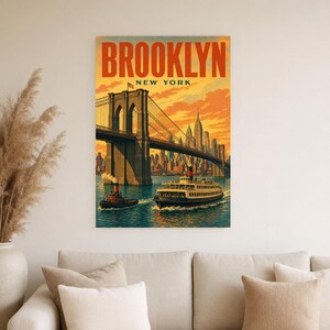 Pôster de viagem do Brooklyn | Impressão vintage da Ponte do Brooklyn dos anos 1950 | Impressão de arte de parede de Nova York | Decoração urbana de meados do século imagem 3