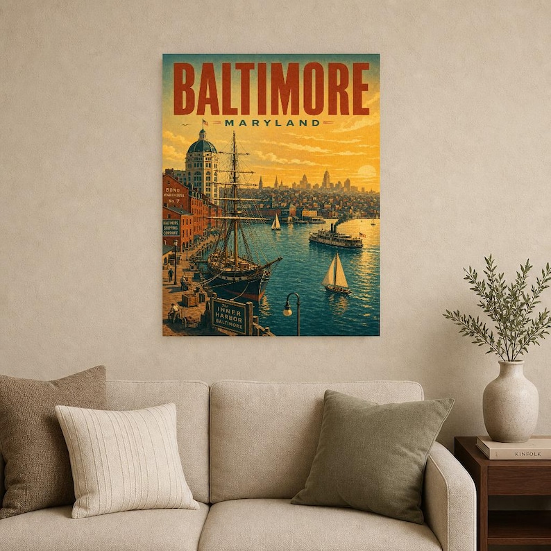 Póster turístico de Baltimore | Lámina vintage del Inner Harbor de los años 50 | Lámina decorativa de Maryland | Decoración urbana de mediados de siglo imagen 8