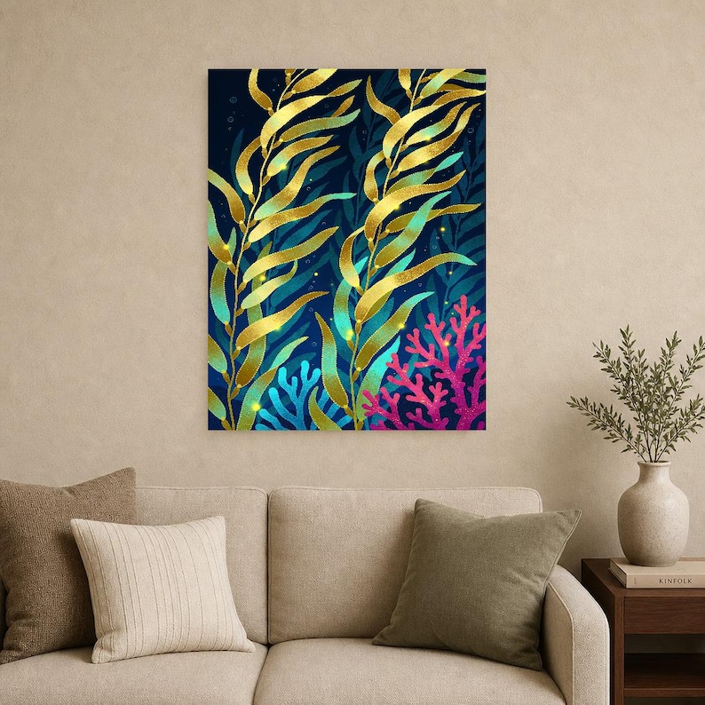 Bioluminescent Kelp Forest Poster | Deep Sea Ocean Bathroom Wall Art Print | Dark Coastal Night Print image 12