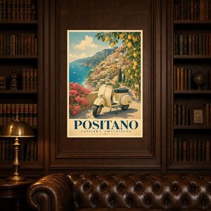 Positano Vespa Wandkunst | Italienisches Riviera-Reiseplakat | Amalfiküste Druck | Vintage Dolce Vita Roller Kunst | Mediterranes Dekor Bild 5