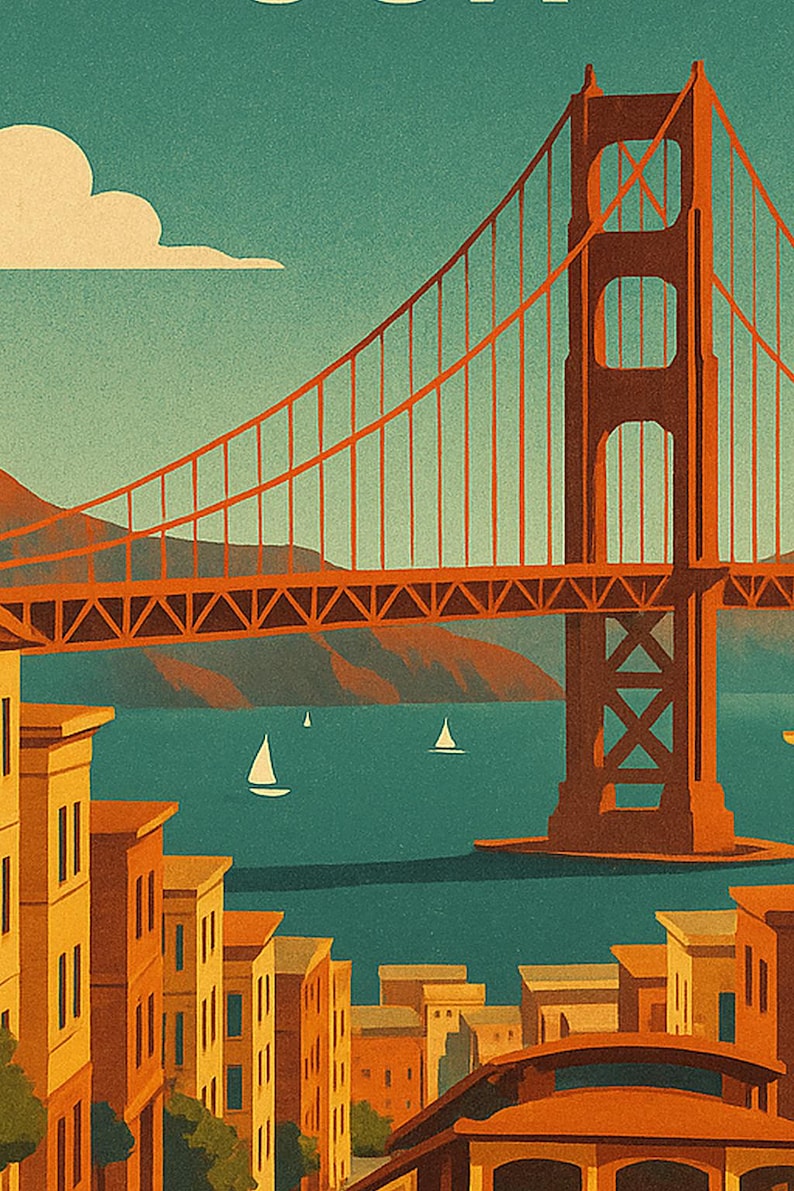 San Francisco Travel Poster | Vintage 1950s Golden Gate Print | Retro California Wall Art Print | Mid Century City Decor image 3