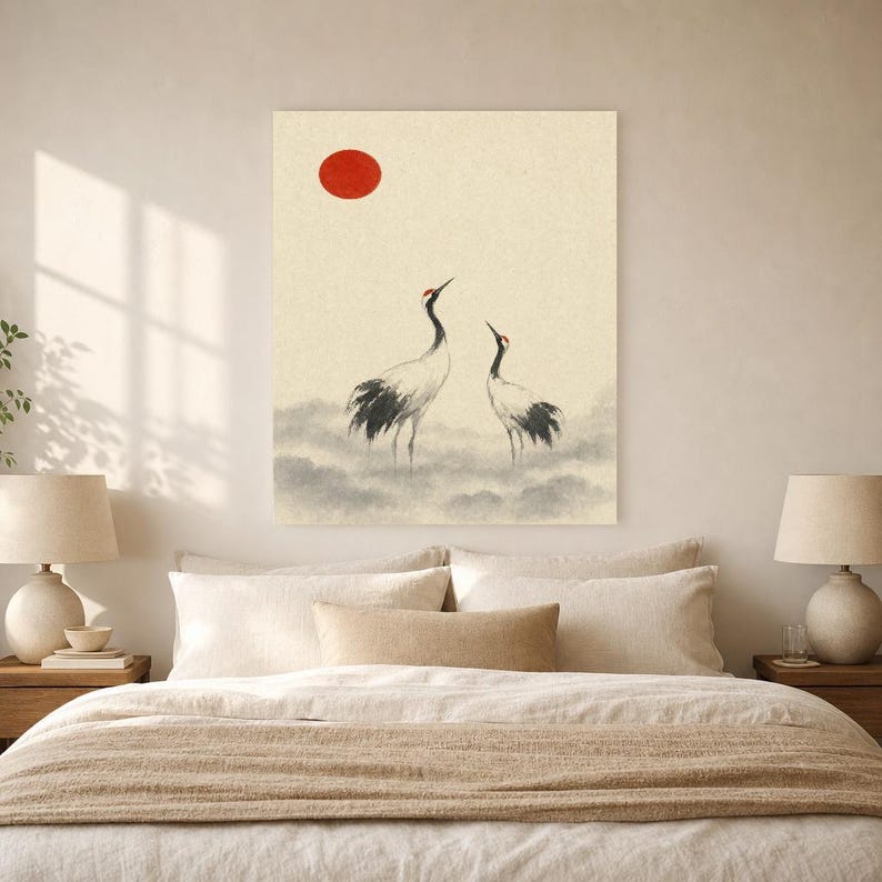 Red Sun Crane Japandi Wall Art Print | Ink Wash Pair in Mist | Wabi Sabi Hallway Poster Print image 6