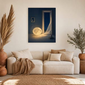 Impresión de arte de pared de luna surrealista ? Póster de dormitorio con paisaje de ensueño | Luna llena en una habitación Surrealismo suav imagen 10