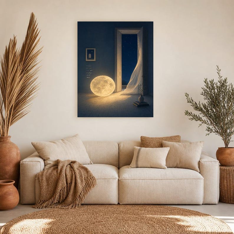 Impresión de arte de pared de luna surrealista ? Póster de dormitorio con paisaje de ensueño | Luna llena en una habitación Surrealismo suav imagen 10