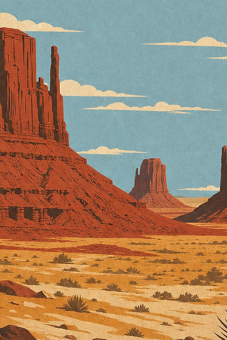Monument Valley Reiseposter | Vintage Wüstenwandkunst | Südwesten der USA Druck | Dekor im Nationalpark-Stil | Rote Felskunst Bild 3
