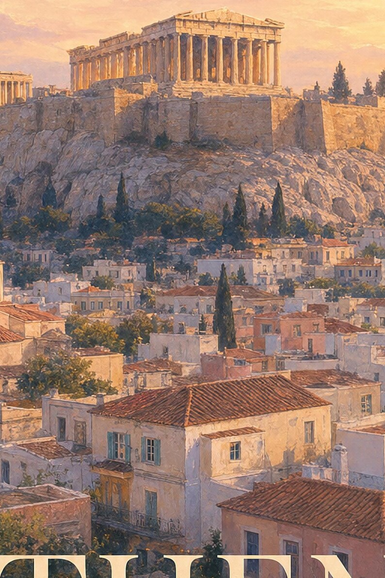 Reisposter Athene | Zachte schildering Griekenland Muurdecoratie | Kunstprint met stadsnaam | Gedrukt en verzonden afbeelding 3