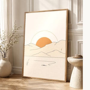 Terracotta Japandi Sun and Moon Wall Art | Minimalist Line Art Poster | Boho Bedroom Print Set of 2 image 1