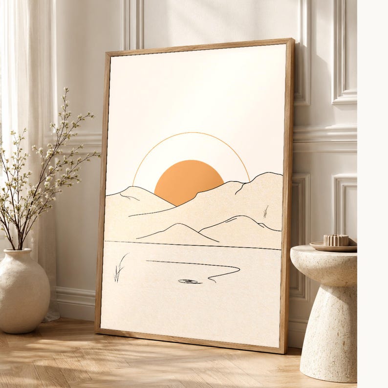 Terracotta Japandi Sun and Moon Wall Art | Minimalist Line Art Poster | Boho Bedroom Print Set of 2 image 1