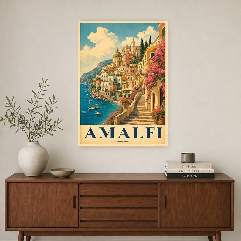 Amalfi Coast Wall Art Print | Italian Village Travel Poster | Positano Pastel Houses Print | Vintage Dolce Vita Decor | Mediterranean Art image 2