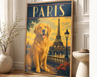 Your Dog in Paris | Custom Pet Portrait From Photo | Personalized Dog Cat Travel Poster Gift | Vintage Wall Art