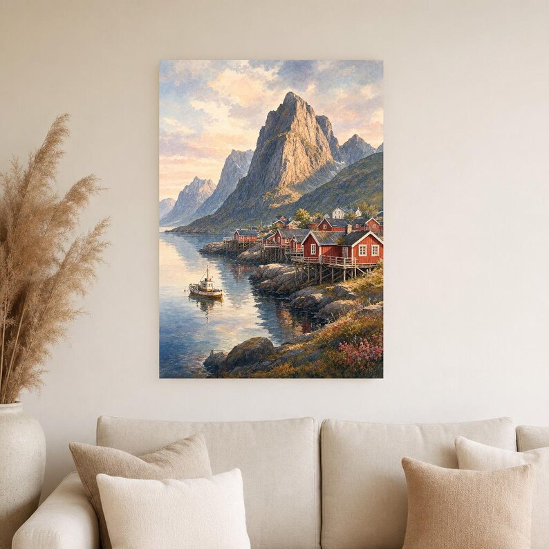 Lofoten Travel Poster | Soft Painting Norway Wall Art | Queen Fjord Fishing Village Print | Printed & Shipped image 4