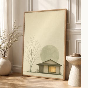 Sage Green Japandi Wall Art Print | Serenity House and Moon | Wabi Sabi Minimal Bedroom Poster image 1