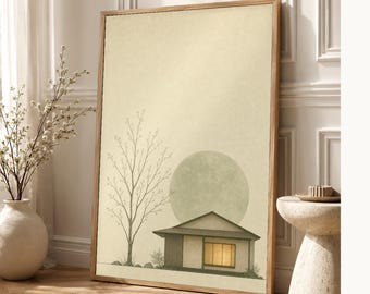 Sage Green Japandi Wall Art Print | Serenity House and Moon | Wabi Sabi Minimal Bedroom Poster
