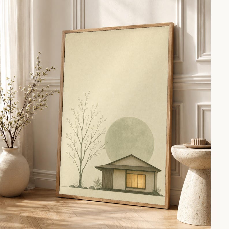 Sage Green Japandi Wall Art Print | Serenity House and Moon | Wabi Sabi Minimal Bedroom Poster image 1