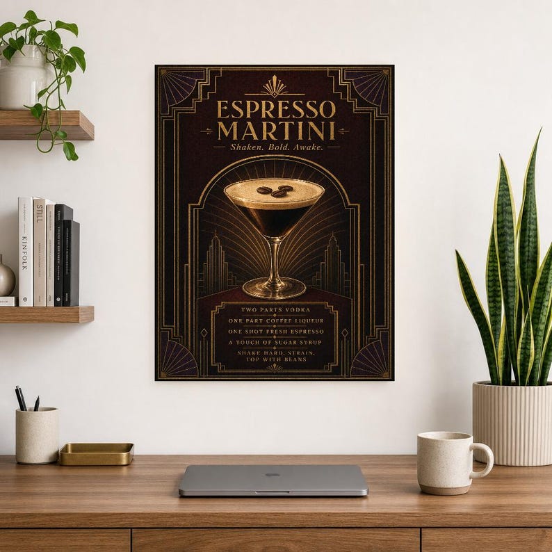 Dark Art Deco Espresso Martini Recipe Wall Art Print | Gold Cocktail Recipe Poster | Bar Cart Decor Print | Kitchen Wall Art image 8