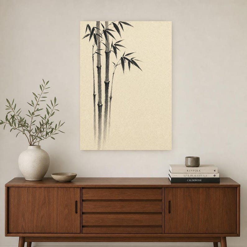 Black Ink Bamboo Japandi Wall Art Print | Mono Brushstroke Sumi-e Print | Zen Wabi Sabi Poster image 2
