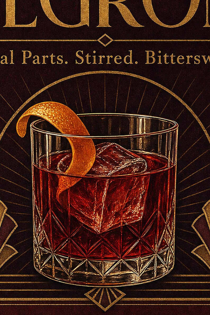 Bordeaux Art Deco Negroni Recipe Wall Art Print | Gold Cocktail Recipe Poster | Bar Cart Decor Print | Kitchen Wall Art image 3