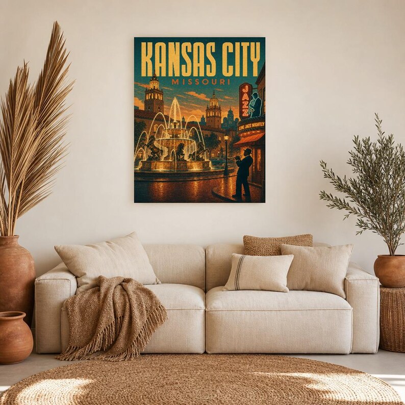 Póster turístico de Kansas City | Lámina vintage de las fuentes de jazz de los años 50 | Lámina decorativa de Missouri | Decoración urbana de mediados de siglo imagen 6