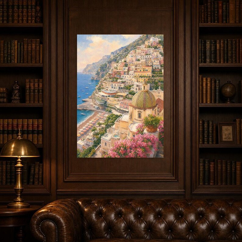 Positano reisposter | Zachte schildering Amalfikust print | Italiaanse muurdecoratie | Kustdecoratie | Gedrukt en verzonden afbeelding 5