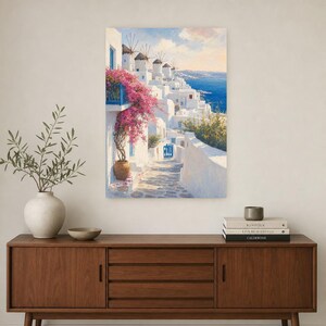 Mykonos Travel Poster | Soft Painting Greece Wall Art | Greek Island Windmills Coastal Print | Printed & Shipped image 2