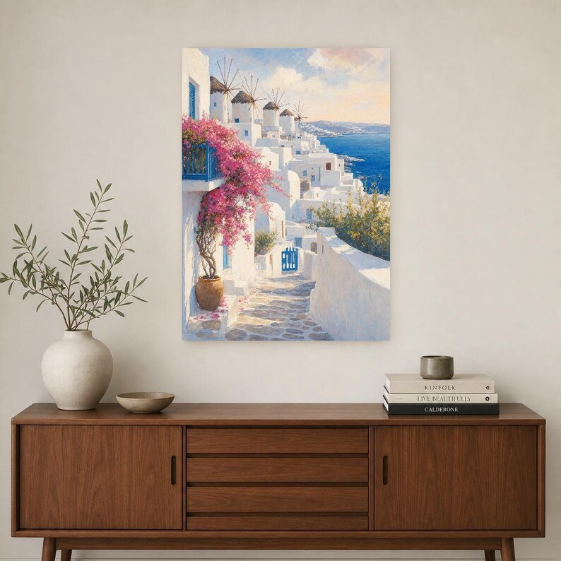 Mykonos Travel Poster | Soft Painting Greece Wall Art | Greek Island Windmills Coastal Print | Printed & Shipped image 2