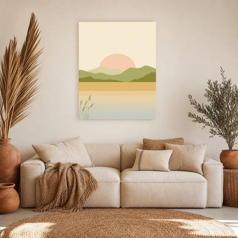 Cuadro decorativo de atardecer en la montaña verde salvia | Póster minimalista de paisaje zen | Lámina para salón con ambiente tranquilo y natural imagen 6