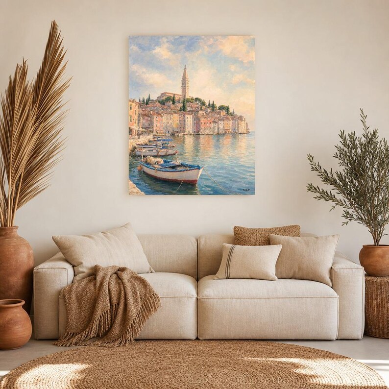 Plakat podróżniczy Rovinj | Delikatne malowanie, Chorwacja, grafika ścienna | Wydruk z nadmorskim miastem Adriatyku | Wydruk i wysyłka zdjęcie 7