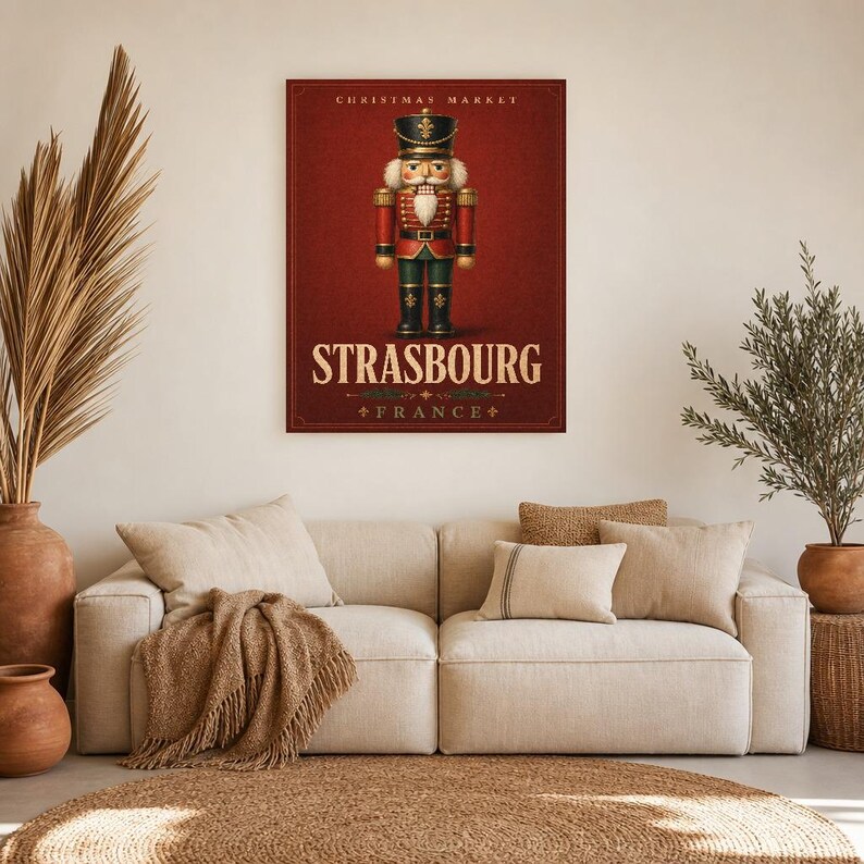 Cartel del cascanueces del mercado navideño de Estrasburgo | Arte de pared de vacaciones de Francia | Impresión navideña vintage | Decoració imagen 5