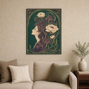 Art Nouveau Wall Art Print | Woman with Iris Flowers Poster | Modern New Botanical | Jade Plum Ivory Elegant Wall Decor image 9