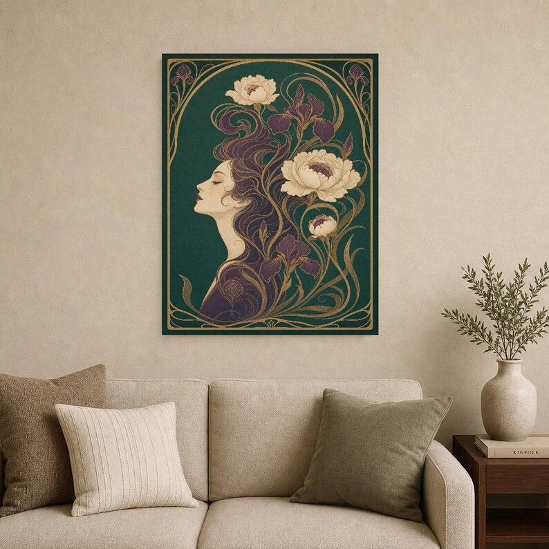 Art Nouveau Wall Art Print | Woman with Iris Flowers Poster | Modern New Botanical | Jade Plum Ivory Elegant Wall Decor image 9