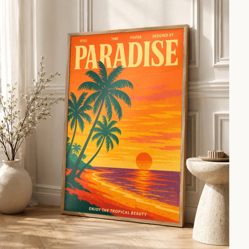 Paradise Retro Poster | Vintage 70s Wall Art Print | Aesthetic Magazine Print | Mid Century Retro Decor Gift image 1