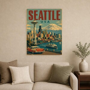 Seattle Travel Poster | Vintage 1950s Space Needle Print | Retro Washington Wall Art | Mid Century City Decor image 9