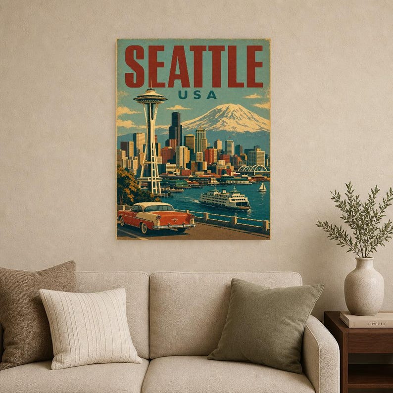 Seattle Travel Poster | Vintage 1950s Space Needle Print | Retro Washington Wall Art | Mid Century City Decor image 9