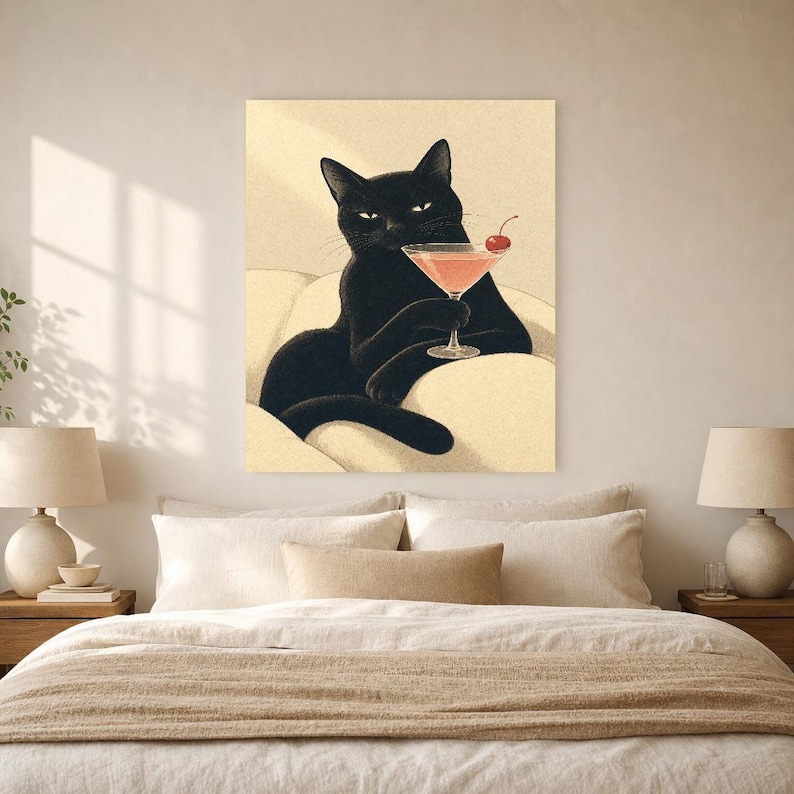 黒猫のカクテルウォールアート |チェリーコスモポスター |バーカートプリント |風変わりなノワールキャットクラブラウンジの装飾 画像 6