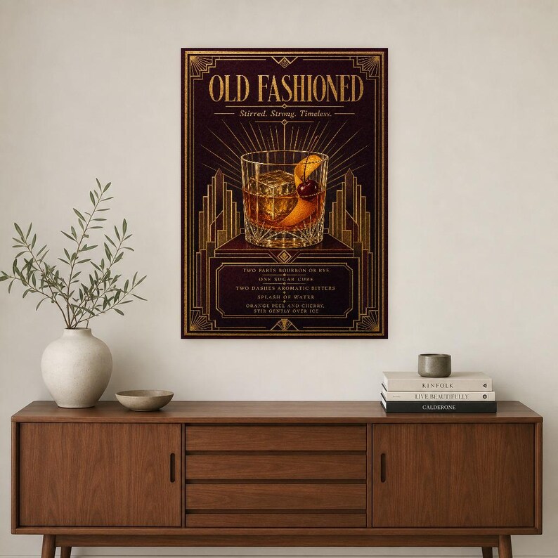 Gold Art Deco Old Fashioned Recipe Wall Art Print | Amber Cocktail Recipe Poster | Bar Cart Decor Print | Kitchen Wall Art image 2