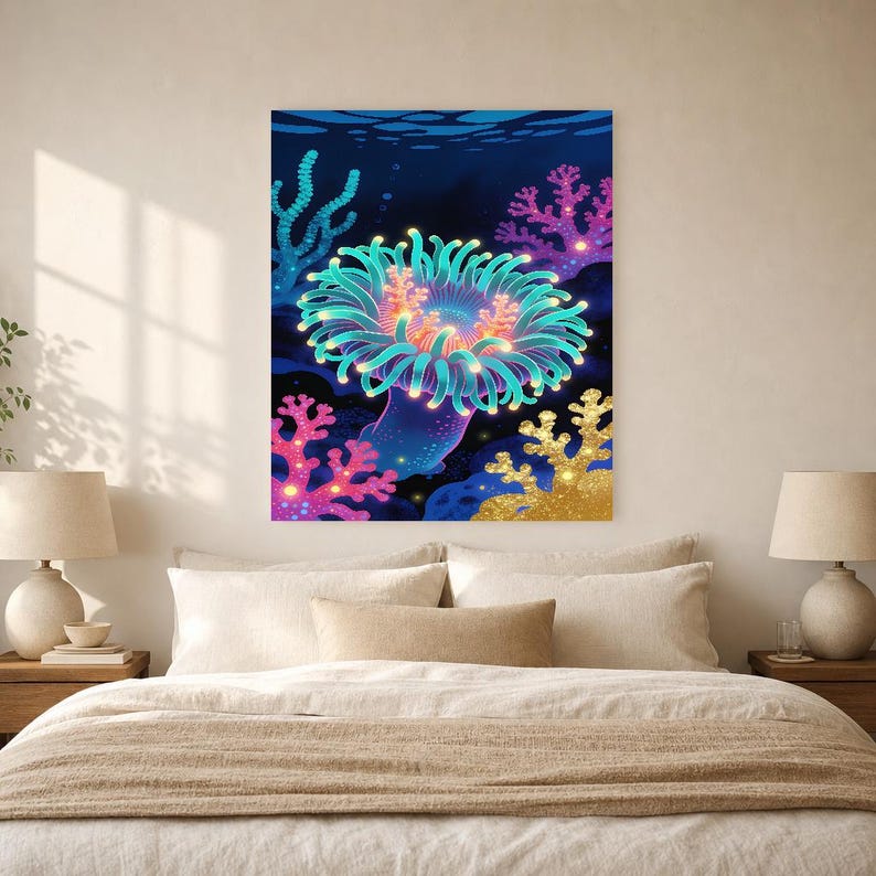 Bioluminescent Sea Anemone Poster | Deep Sea Ocean Bathroom Wall Art Print | Dark Coastal Night Print image 9