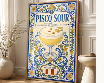 Pisco Sour Cocktail Tile Wall Art Print | Peru National Drink Poster | Azulejo Bar Cart Print | Maiolica Kitchen Decor