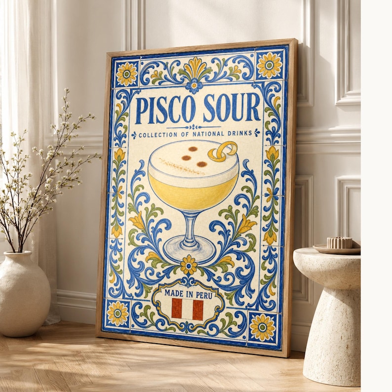 Pisco Sour Cocktail Tile Wall Art Print | Peru National Drink Poster | Azulejo Bar Cart Print | Maiolica Kitchen Decor image 1