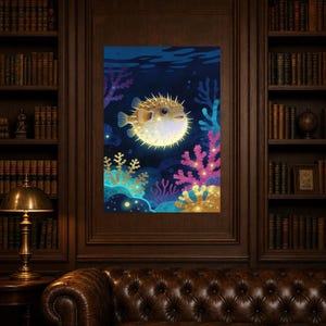 Bioluminescent Pufferfish Poster | Deep Sea Ocean Bathroom Wall Art Print | Dark Coastal Night Print image 7