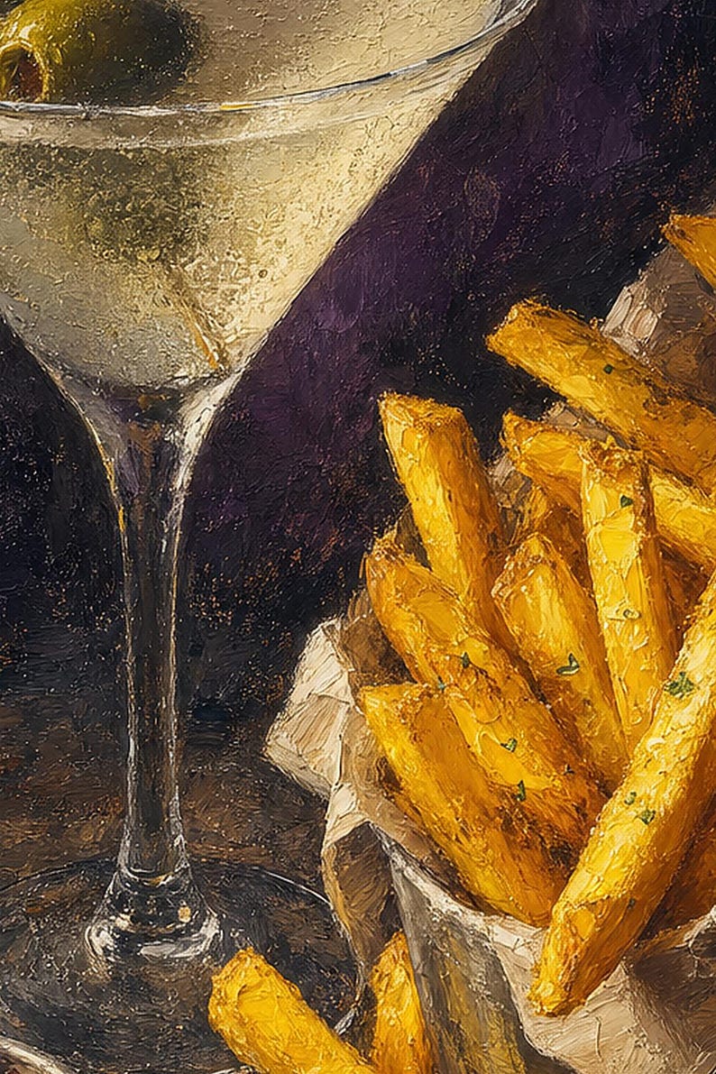 Vuile Martini frietjes kunst aan de muur | Late Night voedsel stilleven poster | Barwagen decor print | Cocktail kunst aan de muur afbeelding 3