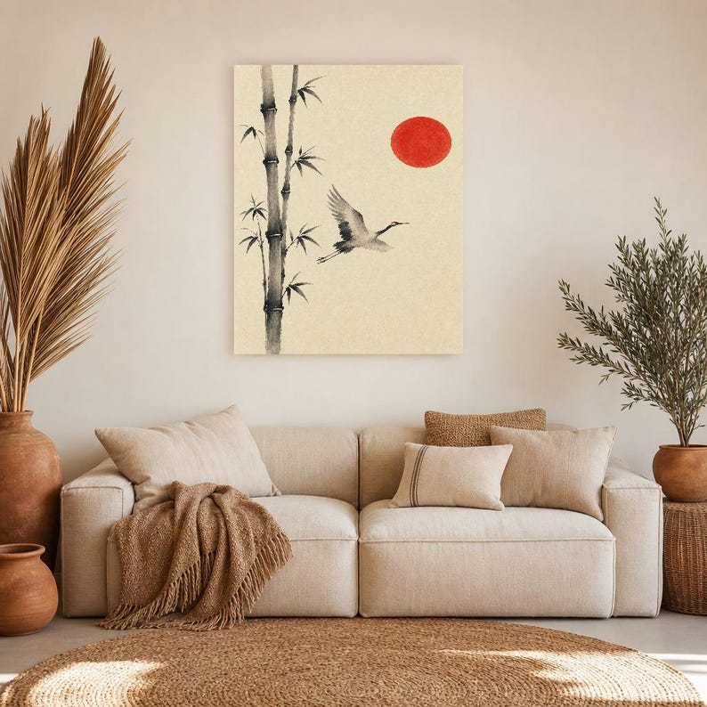 Red Sun Japandi Wall Art Print | Ink Crane and Bamboo | Sumi-e Wabi Sabi Living Room Print image 5