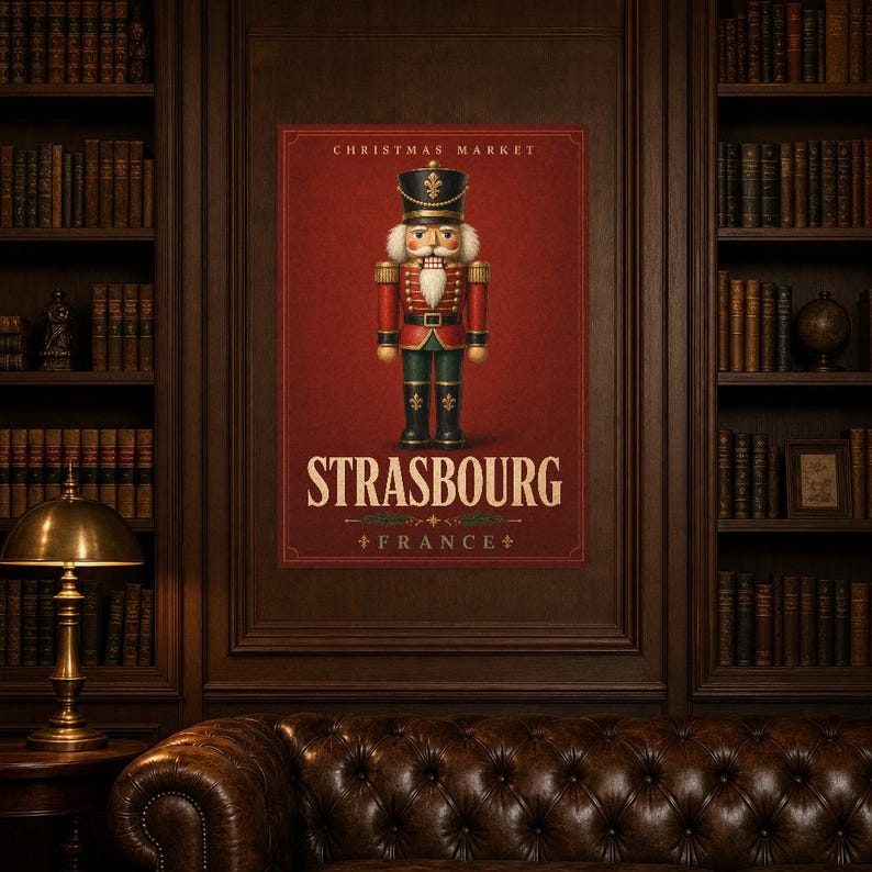 Cartel del cascanueces del mercado navideño de Estrasburgo | Arte de pared de vacaciones de Francia | Impresión navideña vintage | Decoració imagen 6