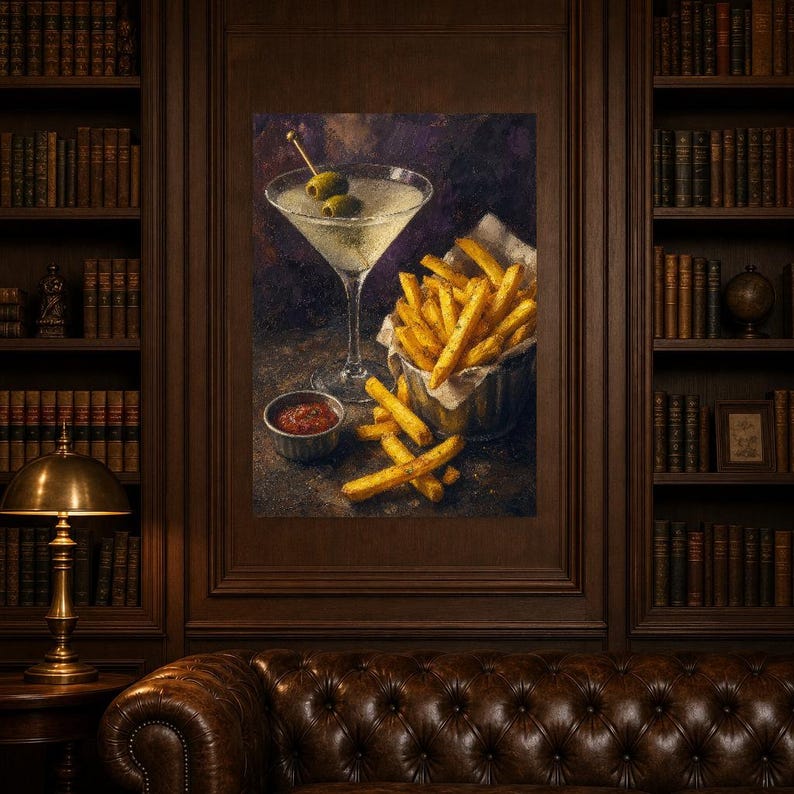 Vuile Martini frietjes kunst aan de muur | Late Night voedsel stilleven poster | Barwagen decor print | Cocktail kunst aan de muur afbeelding 5