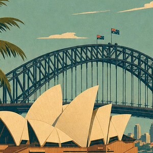 Reseaffisch med Sydney | Vintagetryck av operahuset | Australisk väggkonst | Tryckt och skickad bild 3