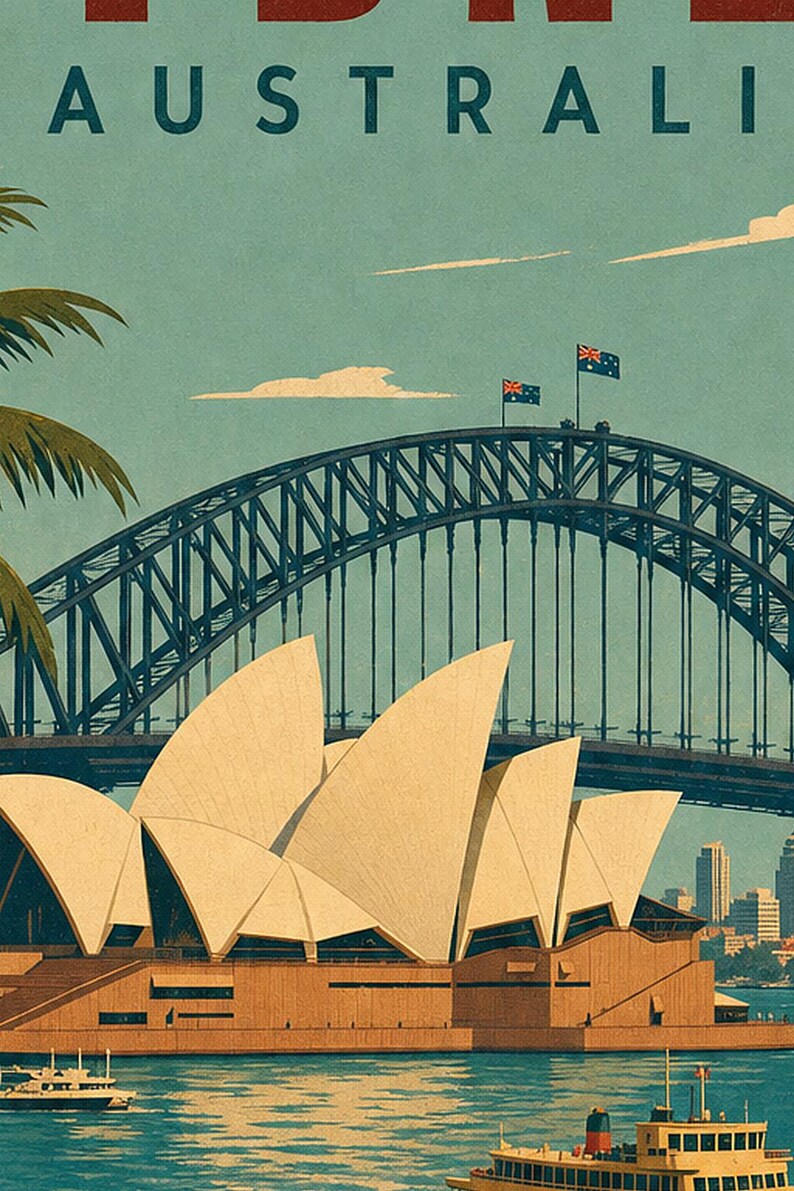 Reseaffisch med Sydney | Vintagetryck av operahuset | Australisk väggkonst | Tryckt och skickad bild 3