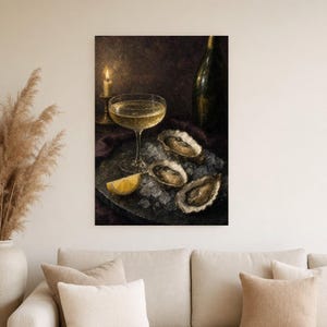 Moody Oysters Champagne Wall Art | Dark Food Still Life Poster | Kitchen Wall Art Print | Aperitivo Art image 4