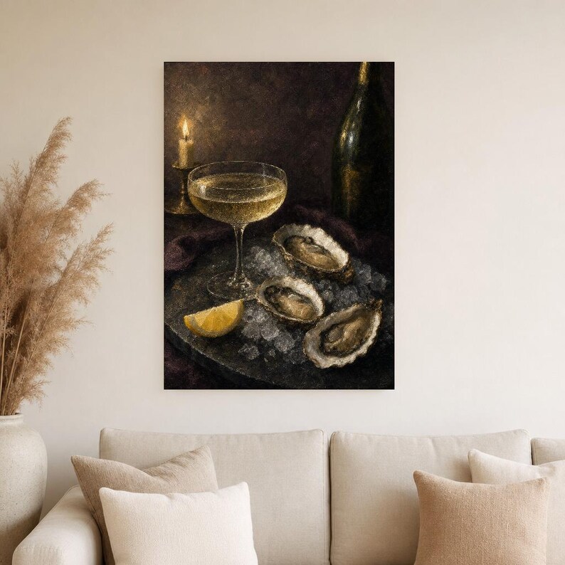 Moody Oysters Champagne Wall Art | Dark Food Still Life Poster | Kitchen Wall Art Print | Aperitivo Art image 4