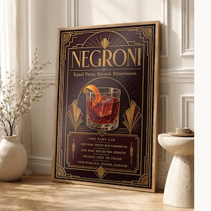 Bordeaux Art Deco Negroni Recipe Wall Art Print | Gold Cocktail Recipe Poster | Bar Cart Decor Print | Kitchen Wall Art image 1