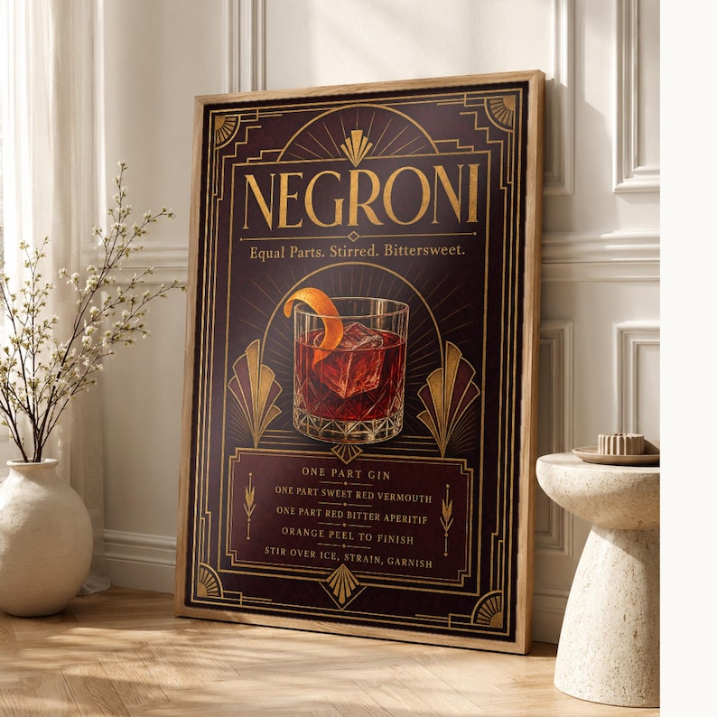 Bordeaux Art Deco Negroni Recipe Wall Art Print | Gold Cocktail Recipe Poster | Bar Cart Decor Print | Kitchen Wall Art image 1