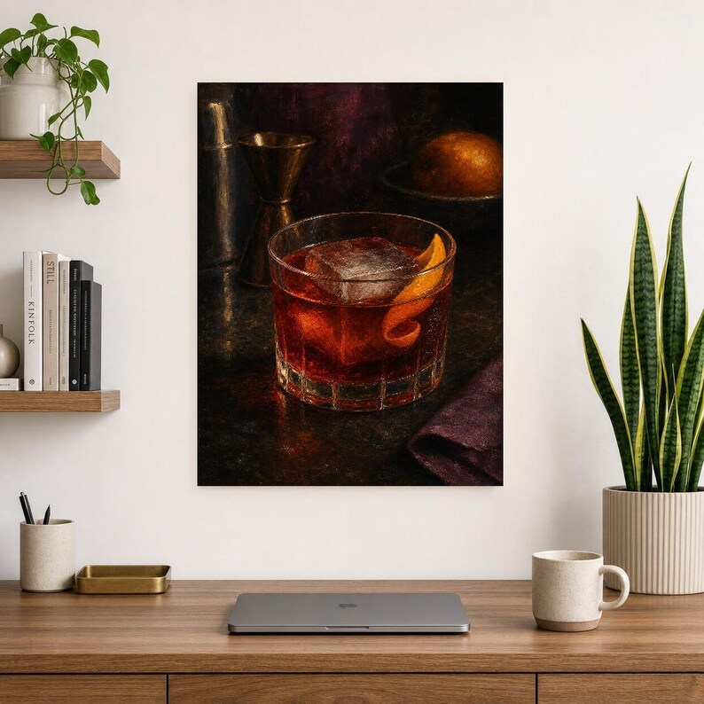 Boulevardier Cocktail Print | Moody Bar Cart Wall Art Print | Whiskey Negroni Still Life image 8